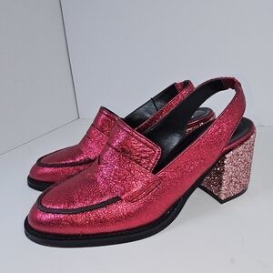 NEW Napoleoni Red Ruby Sparkly Leather Loafers Slides 39